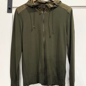 Belstaff England Dark Olive Wool Zip-Up Sweater with Hood